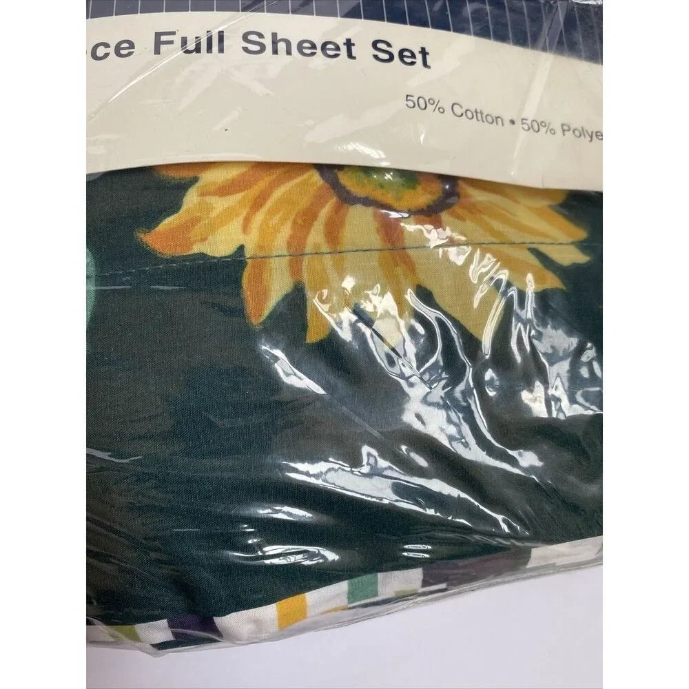 DreamStyles BY BIBB 4-Piece Full Sheet Set Striped ,Sunflowers NEW Vintage